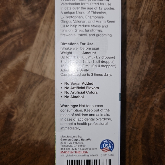 NIB NaturVet Hemp Quiet Moments Calming Drops for Cats,  1 fl. oz. - Picture 3 of 3